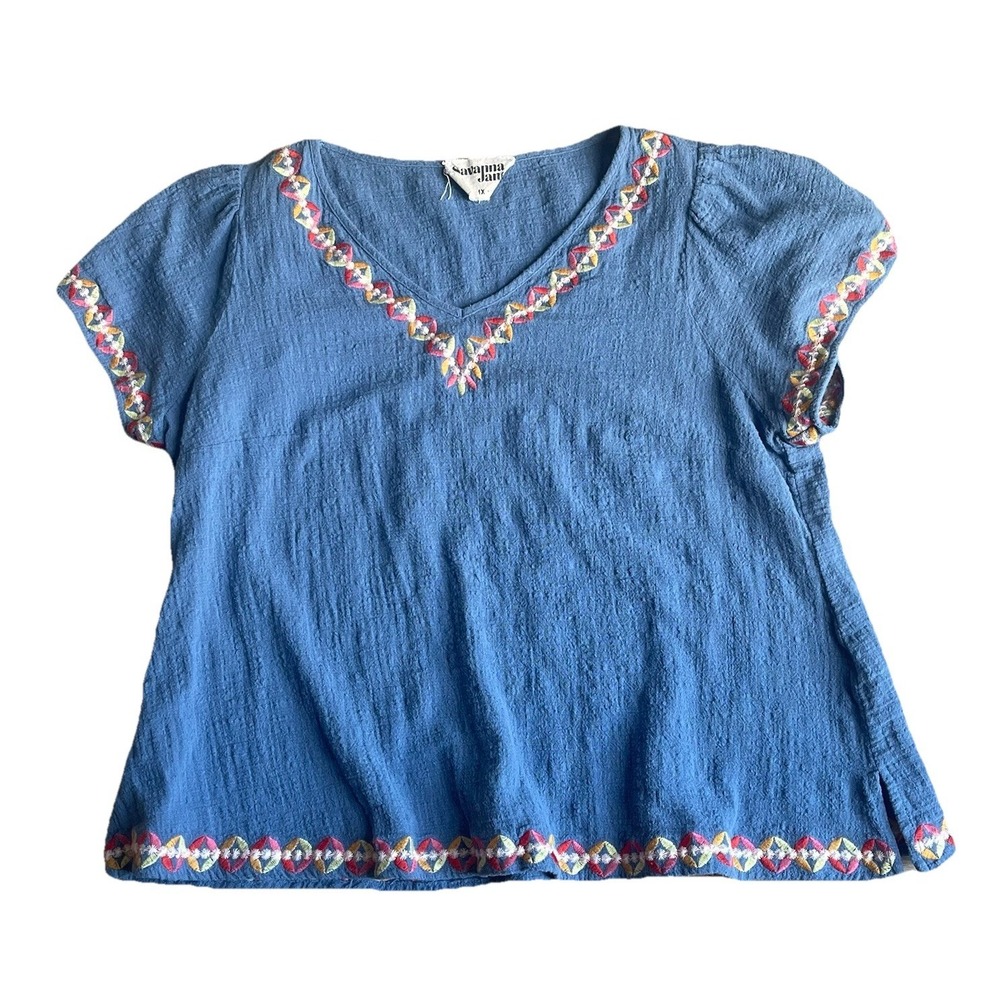 Savanna Jane 1X Blue Gauze Embroidered Top Cotton Peasant Boho Short Sleeves